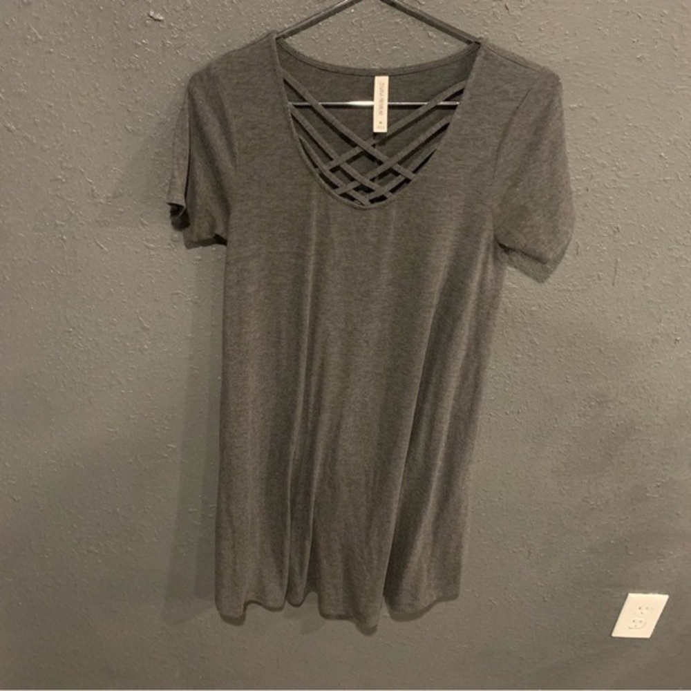 Zenana Outfitters Charcoal Short Sleeve Dress with Crisscross Neckline